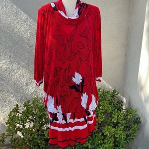 Vintage 80s micro pleat dress drop waist black red white floral M/L Virginie